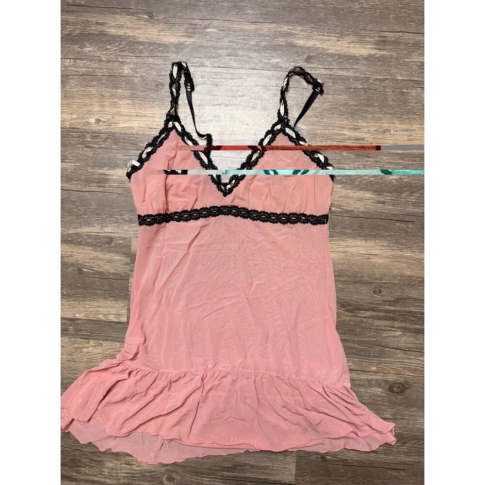 Vtg Y2K Pink Sheer Babydoll Lingerie Black Lace Tie Back Spaghetti Strap Fairy M